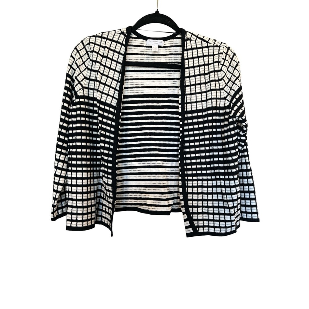 Charter Club Petite Black White Grid Stripe‎ Open Front Cardigan Sweater PM